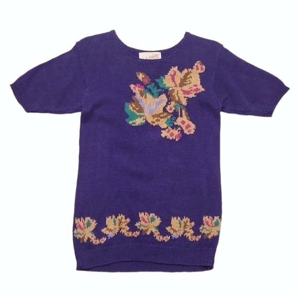 Vintage Maple Leaf Sweater Floral Fall Fair Isle Dark Purple Women's Size Small - Picture 2 of 7